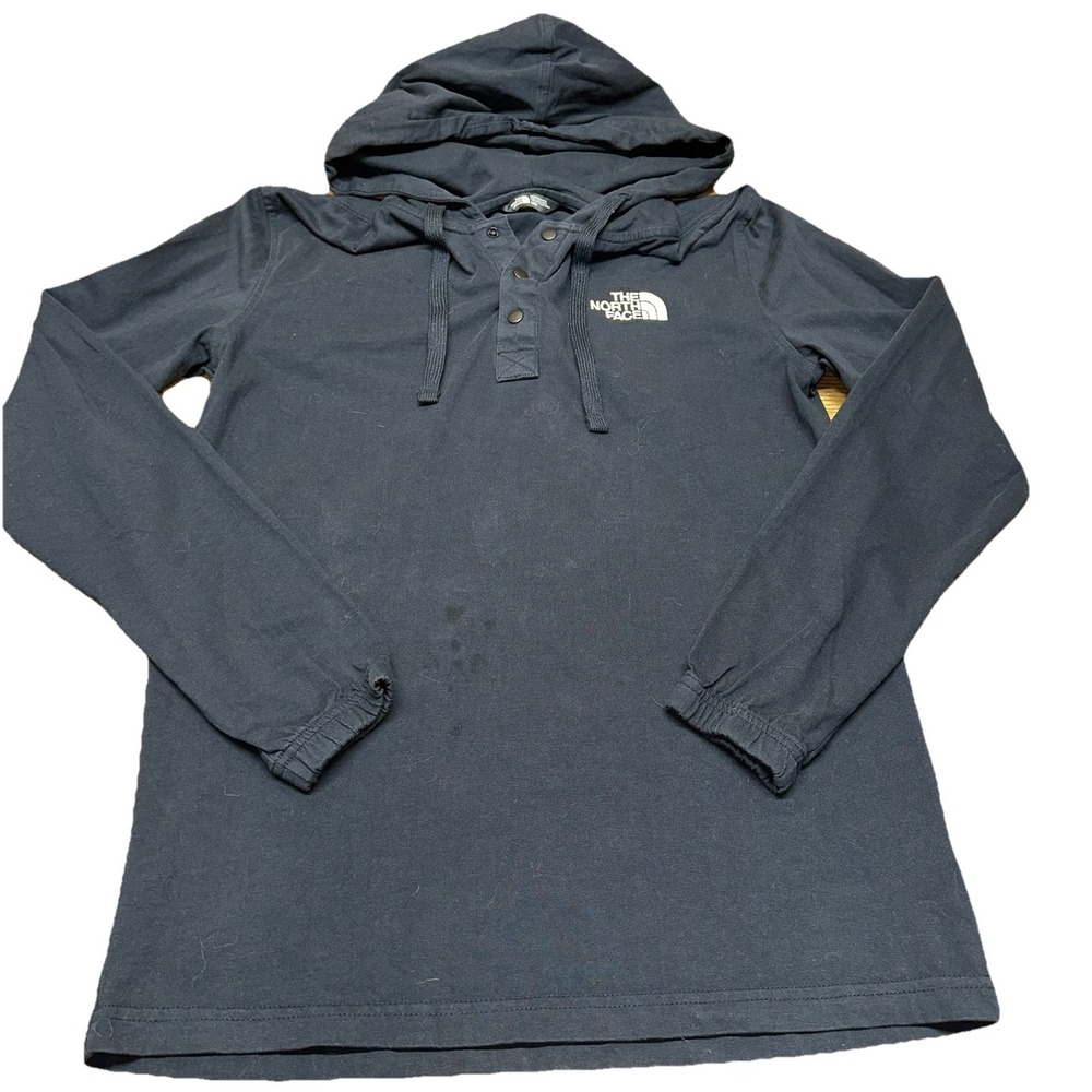 North Face Hoodie Men's M Long Sleeve Black Cotton Hooded Pullover 1/4 Snap FLAW
